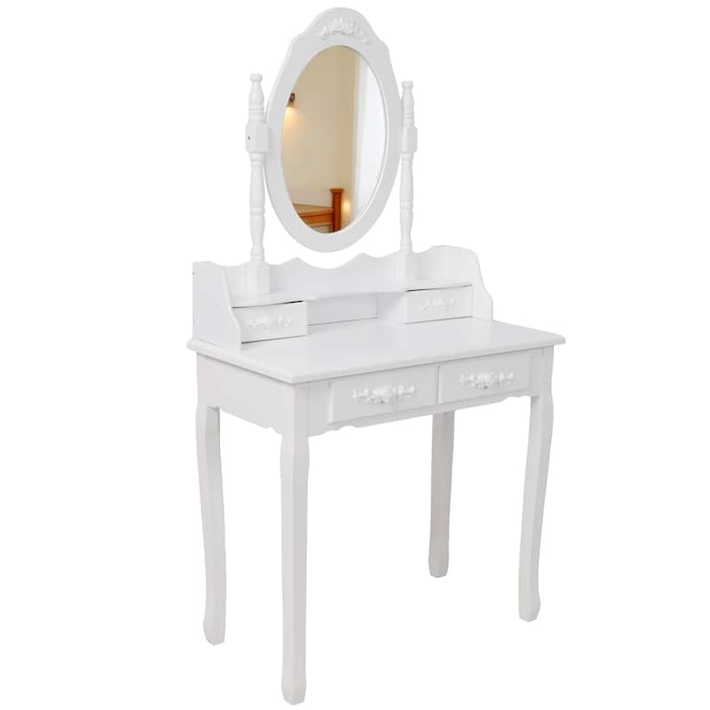 White Princess Vanity Set with Mirror & Cushioned Stool, 4-Drawer Makeup Dressing Table