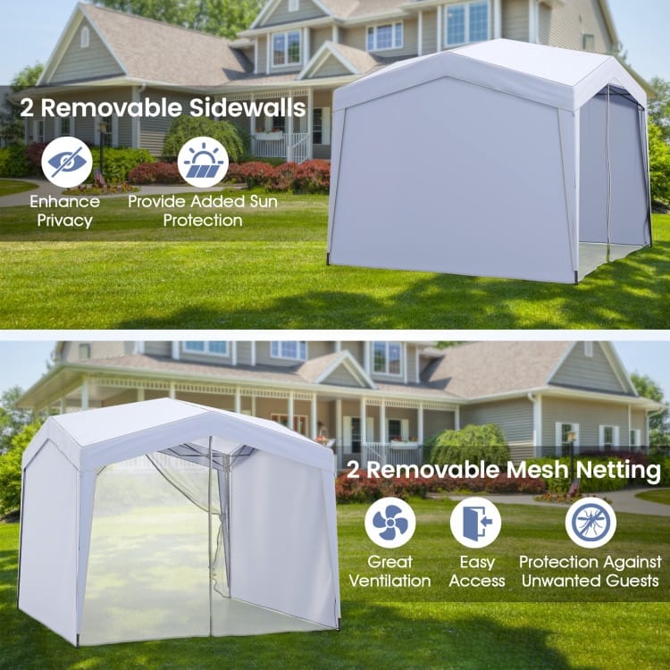 10x10 FT White Pop-Up Canopy Tent with Sidewalls & Mesh Netting - 120 x 120 x 104.4–108 inches (L x W x H)