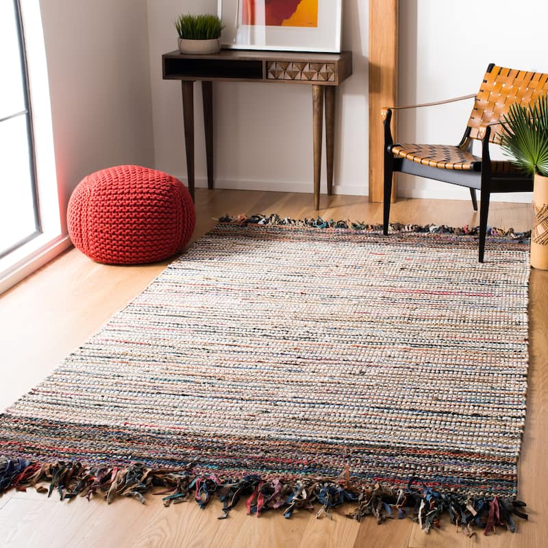 SAFAVIEH Handmade Vintage Boho Leather Zhanna Modern Stripe Leather Rug with Fringe - 4' x 6' - Multi