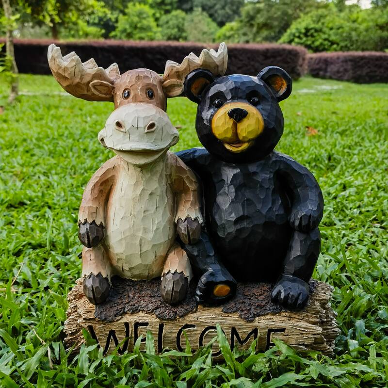 Bear and Moose on Tree Trunk Outdoor Welcome Garden Sign - 13.5"