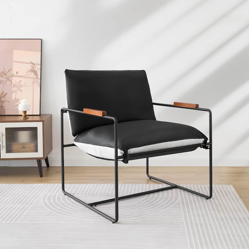 Accent Chair with Detachable Double-sided Cushion, Modern Upholstered Armchair with Metal Frame - 25.2'' H X 30.3'' W X 30.3'' D - Black Vegan Leather&White Sherpa Fleece 