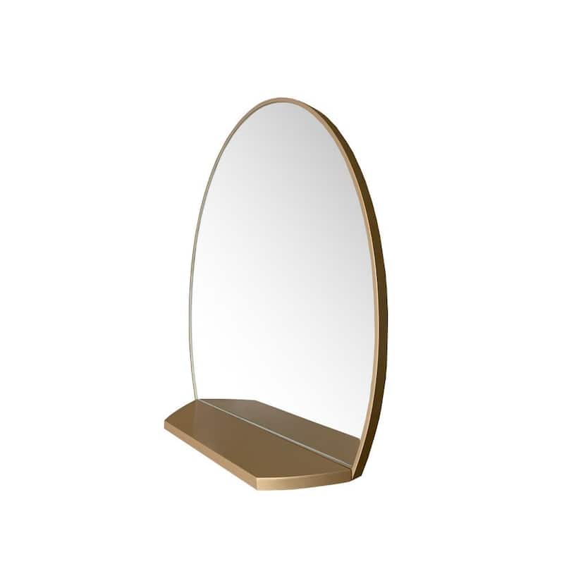 Oval Metal Frame Bathroom Vanity Mirror With Shelf In Brushed Gold - 24 in.