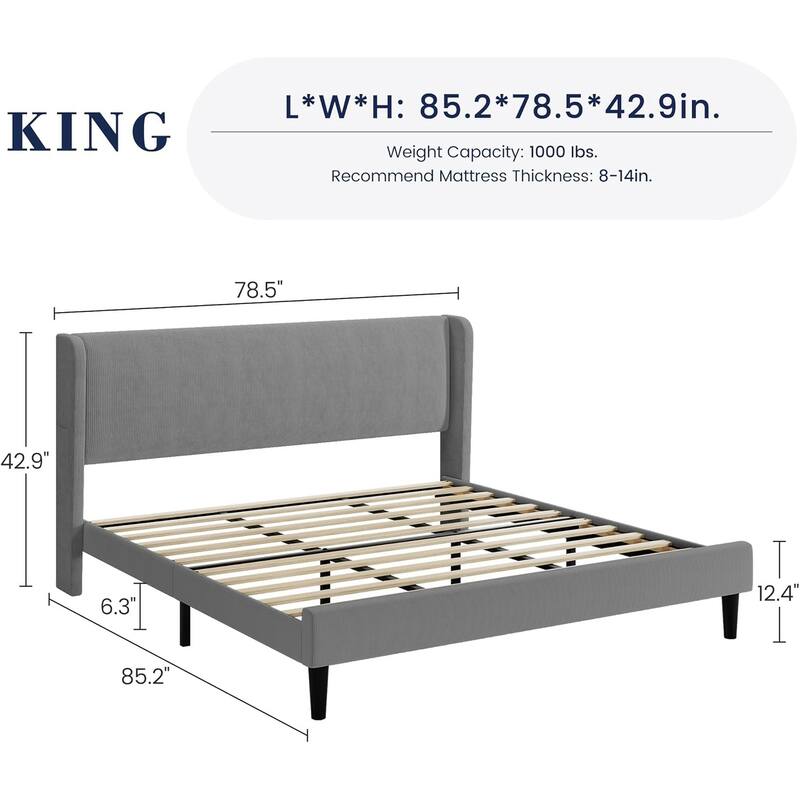 Platform Bed Frame with Upholstered Wingback Headboard