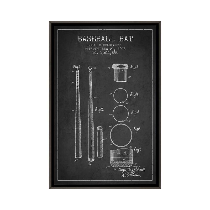 iCanvas "Baseball Bat Charcoal Patent Blueprint" by Aged Pixel Framed - Charcoal - 40x26