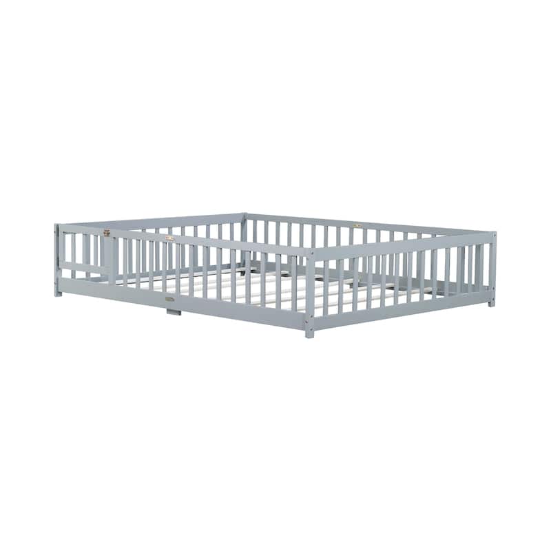Queen Size Floor Bed with Fence,Door,Rubber Wood Floor Bed with Safety Guardrails
