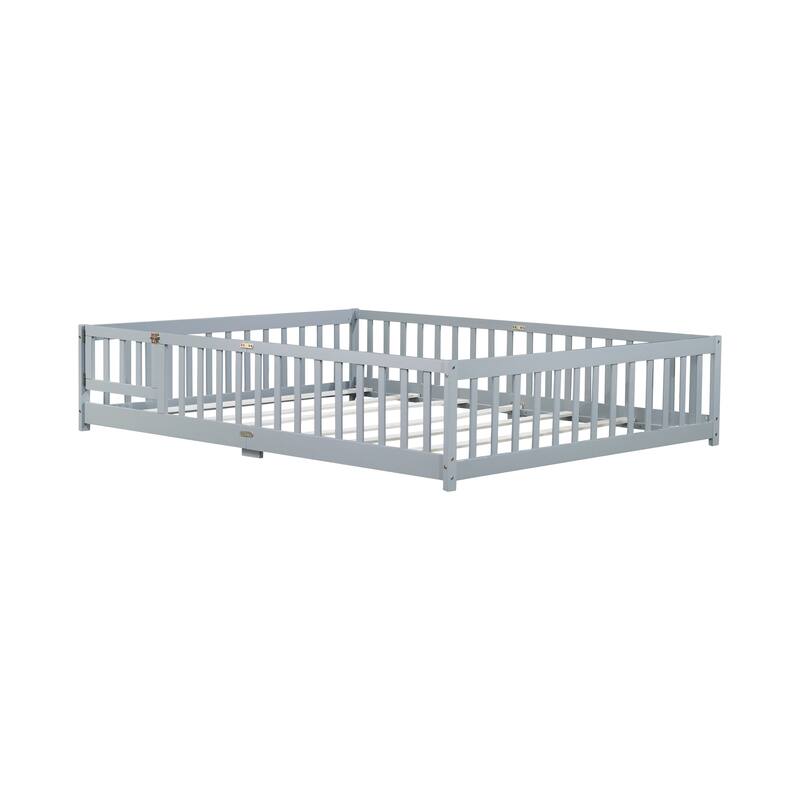 Queen Size Rubber Wood Floor Panel Bed with Safety Fence and Door