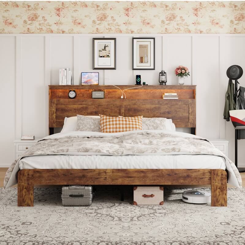 King Size Wood Platform Bed with Storage LED Light Headboard and 2 USB