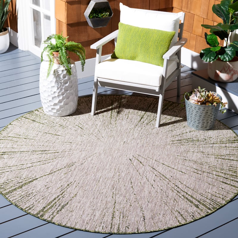 SAFAVIEH Courtyard Sabaha Indoor/Outdoor Waterproof Patio Backyard Rug - 6'7" Round - Beige/Dark Green