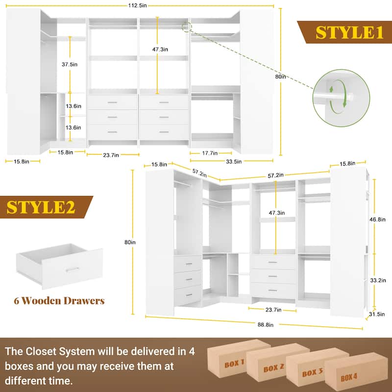 Cimly Set of 4 Closet Organizer with Drawers, U Shaped Freestanding Closet System