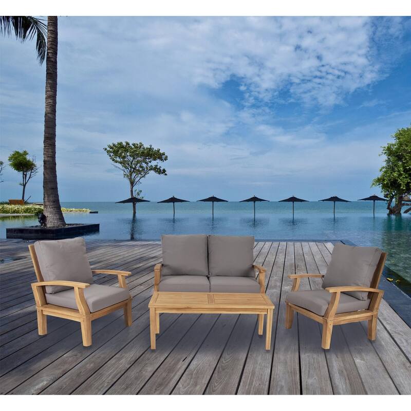 Teak Wood Arm Chair and Loveseat Outdoor Seating Set with Cushions and Coffee Table - Set of 4 Brown - Roche River Decor