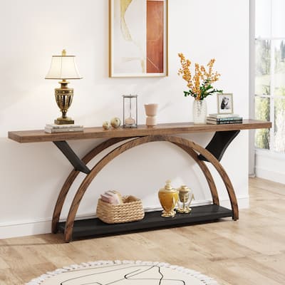 2-Tier Narrow Long Console Sofa Table with Semi-Circular Frame for Entryway,Gray Hallway Accent Tables