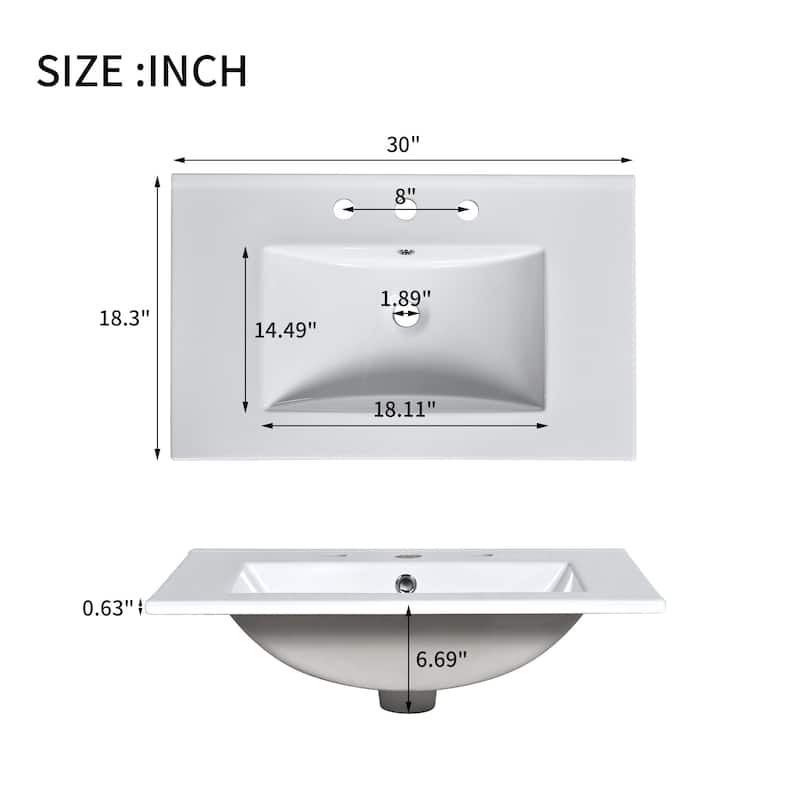 30" Wood Bathroom Vanity Cabinet with Ceramic Sink and 2 Drawers