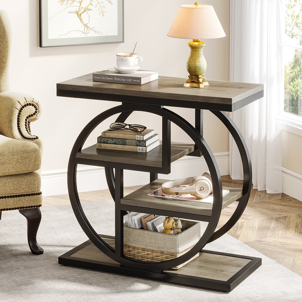 Industrial 4-tier Wood Narrow Side End Table with Storage Shelves