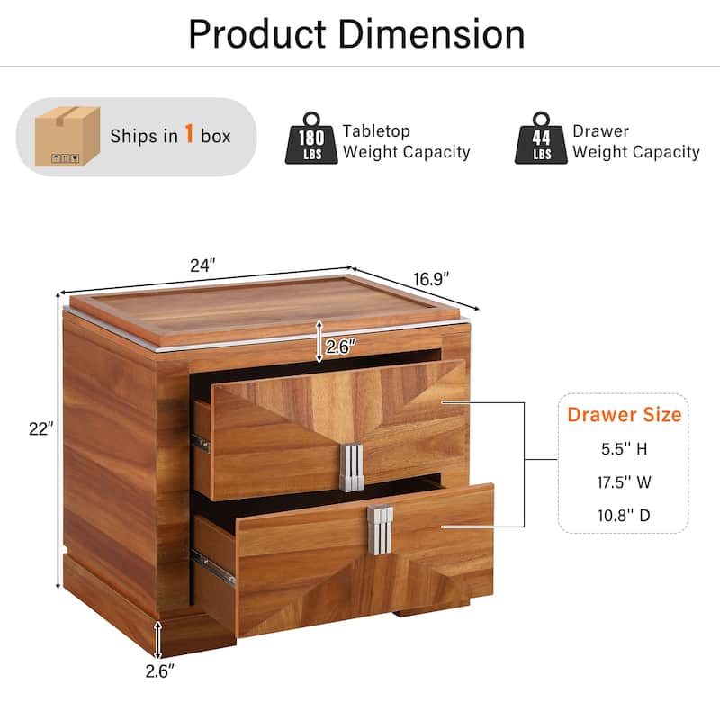 Mid-Century Modern Nightstand for Bedroom, 2 Drawers Sofa Side Table, Wooden Diamond Shaped Bedside Table