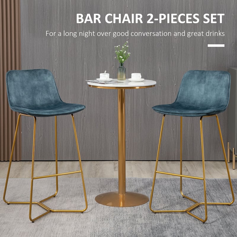 HOMCOM Tall Bar Stools, Set of 2, Velvet-Touch Fabric Bar Chairs, Bar Stools with Gold-Tone Metal Legs for Dining Area