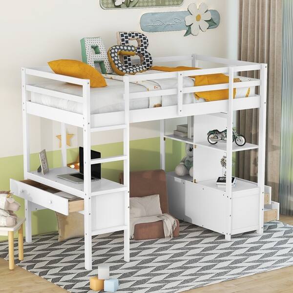 slide 2 of 12, Twin Loft Bed with Desk, Shelving, and Storage Drawers White