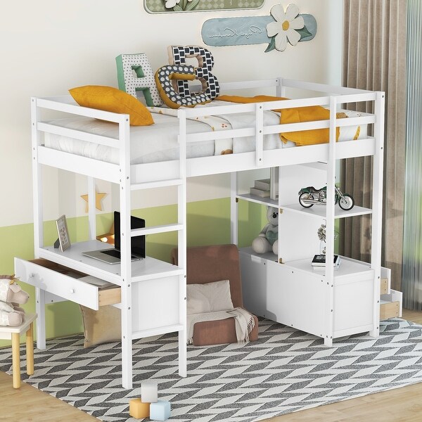 Wood Twin Over Full Bunk Kids Bed Loft Bed with Playhouse Guardrails White