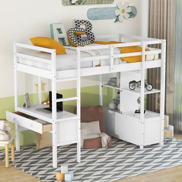 slide 2 of 12, White Twin Size Pine Wood Loft Bed with Built-in Desk with Two Drawers, and Storage Shelves and Drawers Twin - White