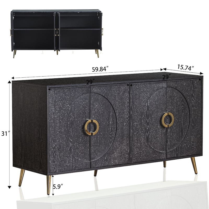 Modern Lacquered Sideboard Buffet Cabinet with 4 Doors, Distressed Wood Storage Cabinet with Adjustable Shelves