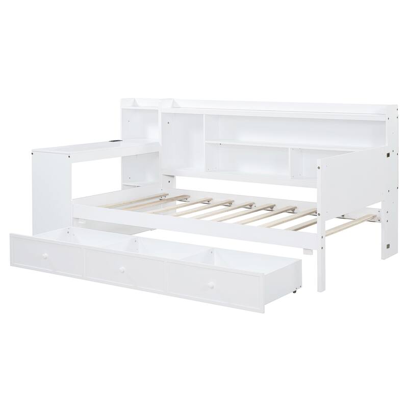Twin/Full Size Wooden Daybed with 3 Storage Drawers and Bedside Desk, Modern Sofa Bed Frame with USB Ports and Storage Shelves