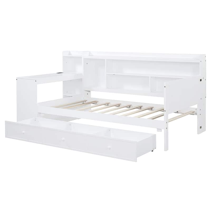 Twin Size Daybed with USB Ports and Desk, Wooden Sofa Bed Frame with 3 Storage Drawers & Shelves Headboard, No Box Spring Needed