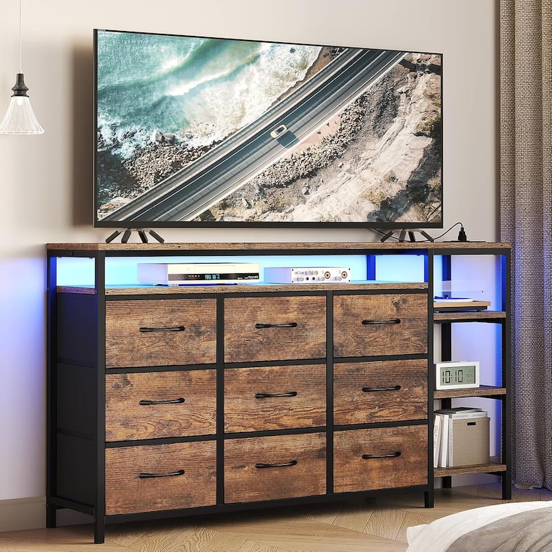TV Stand Dresser for Bedroom LED Lights Charging Station Fabric Drawers - Rustic Brown - 9-drawer