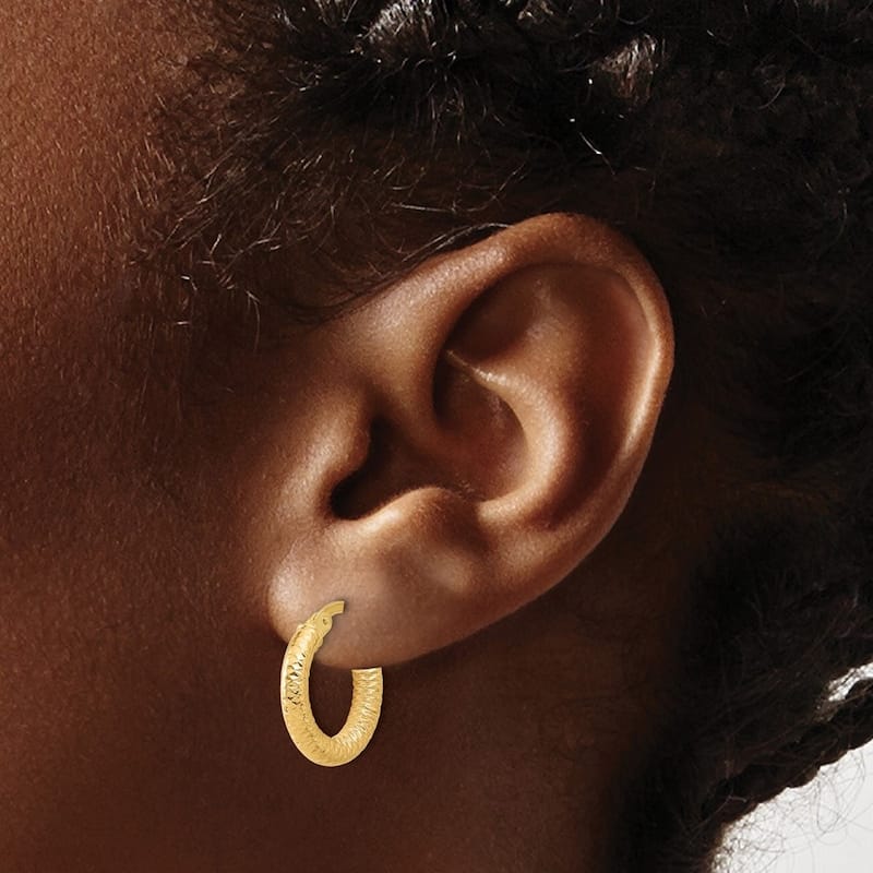 Curata 14k Yellow Gold Polished and Sparkle Cut Hoop Earrings - 17x16mm