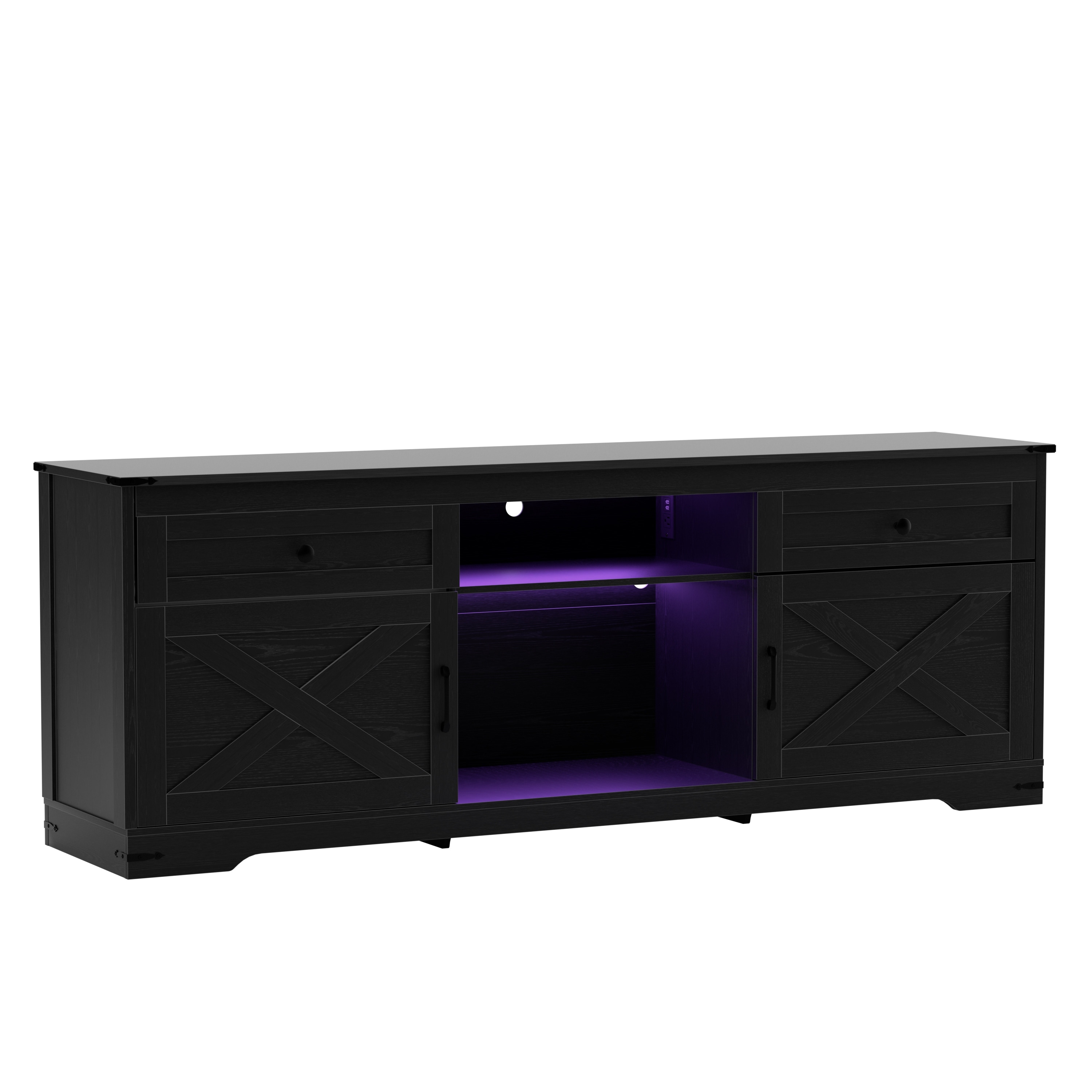 TV Stand for 75 Inch TVs, Entertainment Center with Storage Cabinets, Power Outlet & LED Light, Media TV Console with Barn Doors