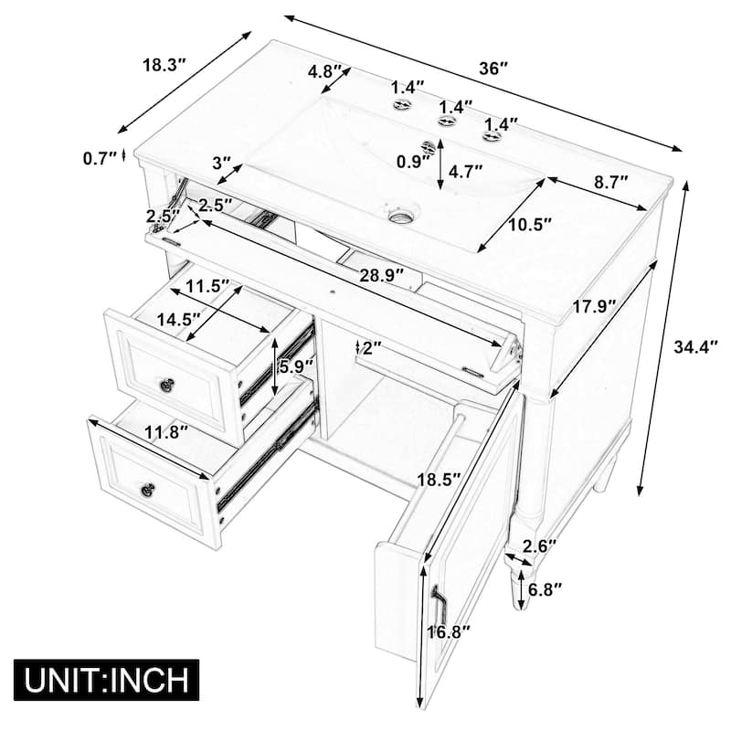 Roomfitters 36" Bathroom Vanity with Sink, Solid Wood Frame, Flip Drawer, 2 Drawers & Door Rack
