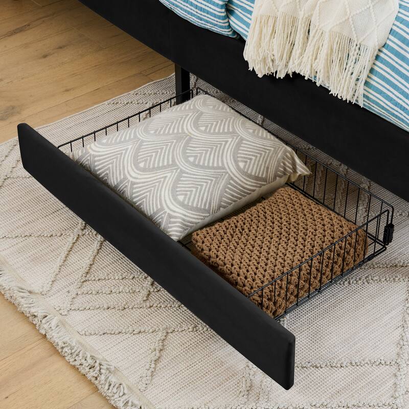 Roomfitters Twin/Full Upholstered Platform Bed with Side Backrest and Underbed Storage Trundle