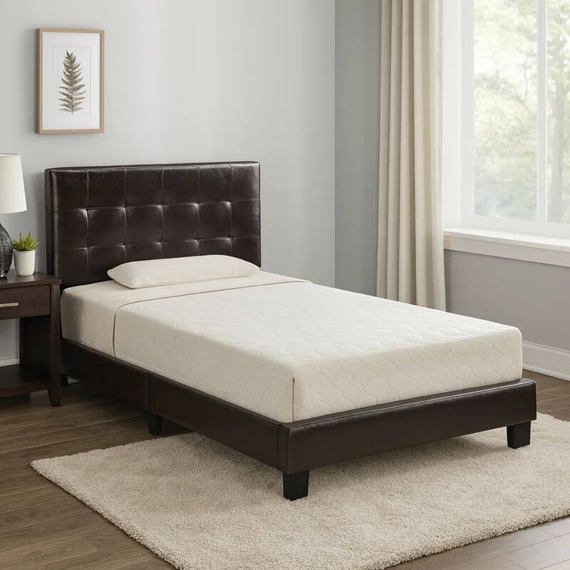 Full Leatherette Bed with Checkered Tufted Headboard, Dark Brown