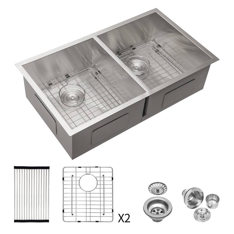 32 Inch Undermount Double Bowl 16 Gauge Stainless Steel Kitchen Sink in Brushed Nickel - 32'' x 18'' x 9''