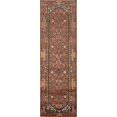 Hand Knotted Oriental 100% Wool Carpet Traditional Geometric Oranges & Rust Heriz (serapi) Runner Rug - 10' 1'' X 2' 7''