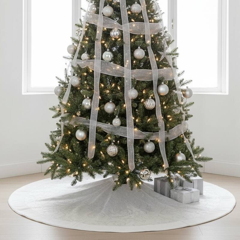 48-Inch White Sheer Organza With Faux Fur Trim Christmas Tree Skirt