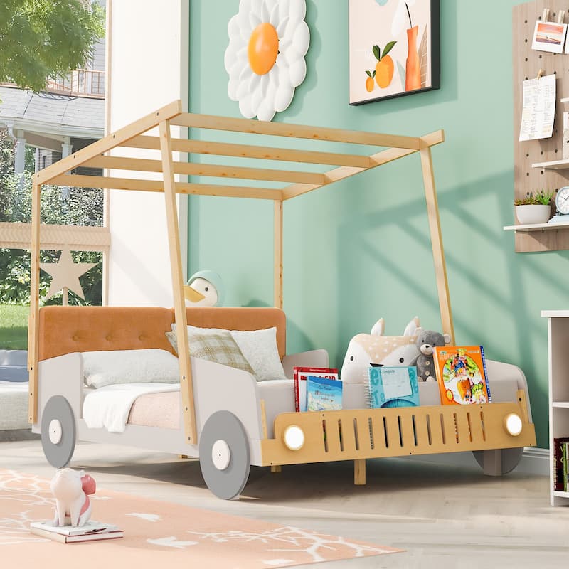 Roomfitters Size Car Canopy Bed, Wood Frame Platform with Upholstered Headboard, Tent Roof Design