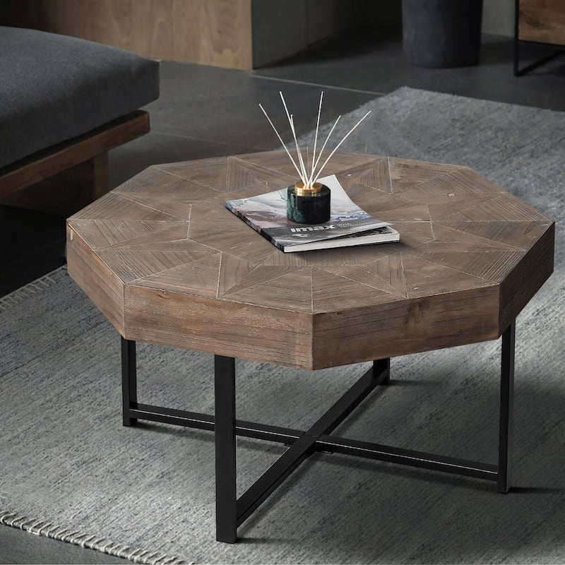 30 Inch Wood Octagonal Vintage Patchwork Craft Farmhouse Coffee Table with Cross Metal Legs