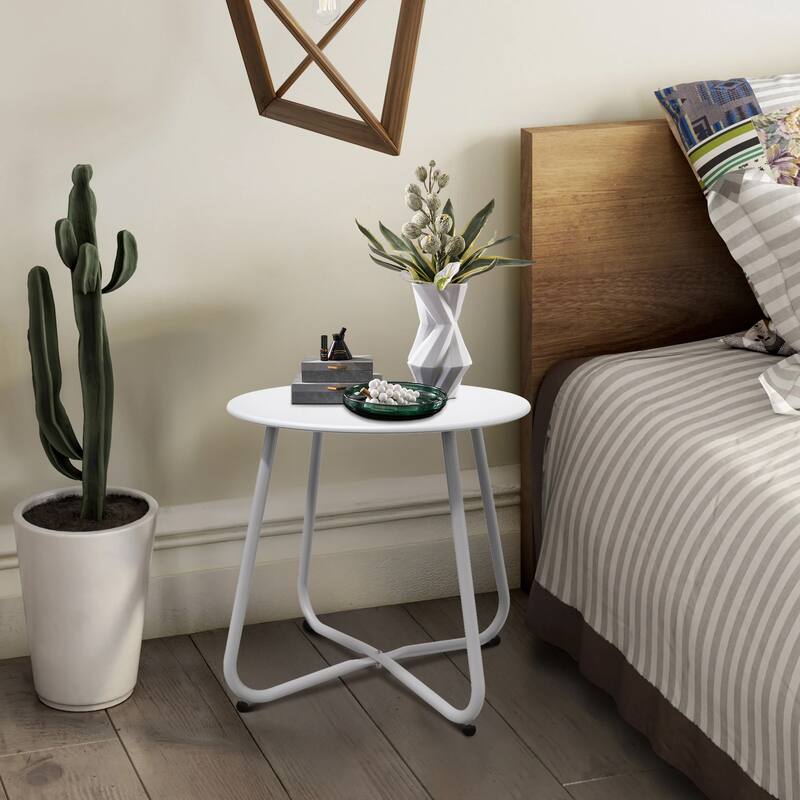 Outdoor Side Table, 18'' Small Round Side Table with Adjustable Fee - Antique White