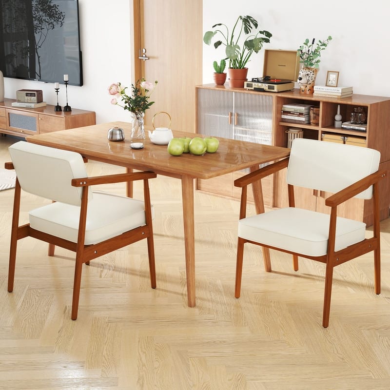 Walnut Faux Leather Upholstered Dining Chair Padded Armchair Solid Wood Open Back