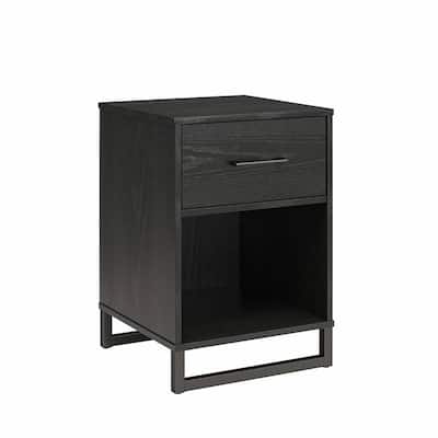 Modern Rustic Nightstand with 1 Drawer and Open Shelf Black Wood Finish and Metal Frame