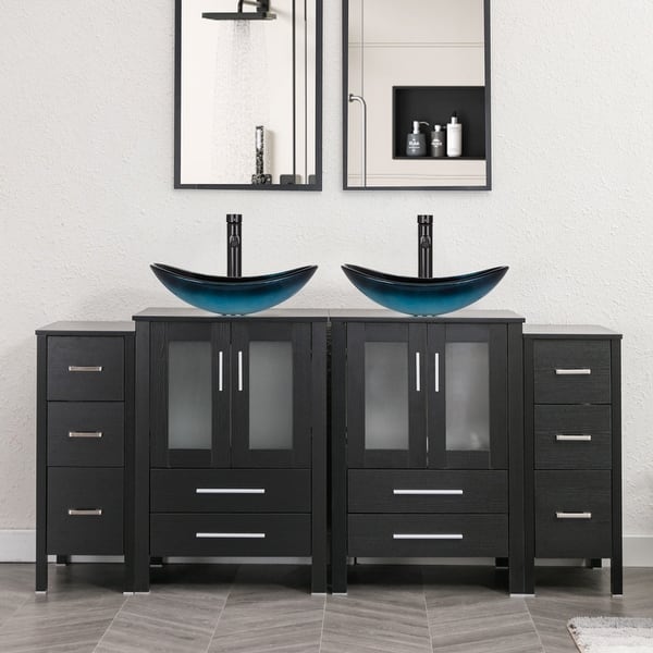 slide 2 of 148, 72" Bathroom Vanity Set Glass Ceramic Vessel Sink Side Cabinet Combo Black - Glass blue boat sink