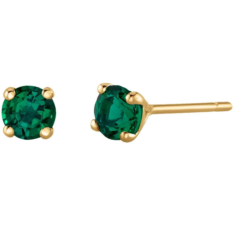 14k Gold 4mm Round Emerald Solitaire Stud Earrings