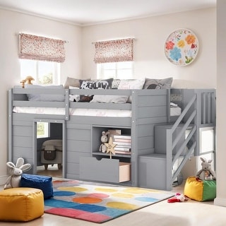 Modern & Clean Design Twin Size Kid Low Loft Bed With Shelves, Ladder and Drawers, Superior Quality, Maximized Space, Grey