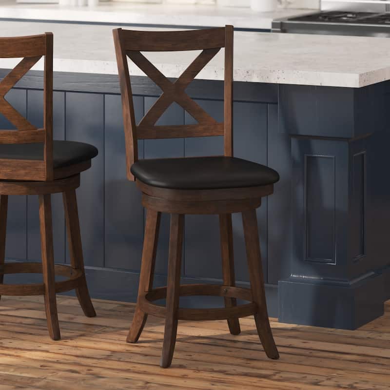 Modern Ladderback Wooden Upholstered Swivel Counter Height Stool - Antique Oak/Black
