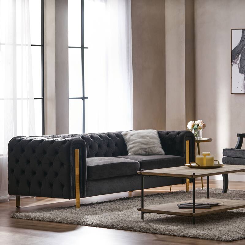 3-seat Black Velvet Sofa with Tufted Back and Arm, Modern for Living Room