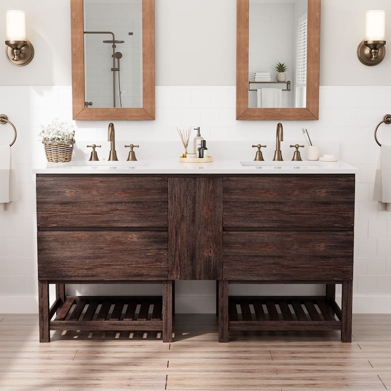 60-Inch Antique Style Solid Wood and MDF Double Sink Bathroom Vanity with Storage