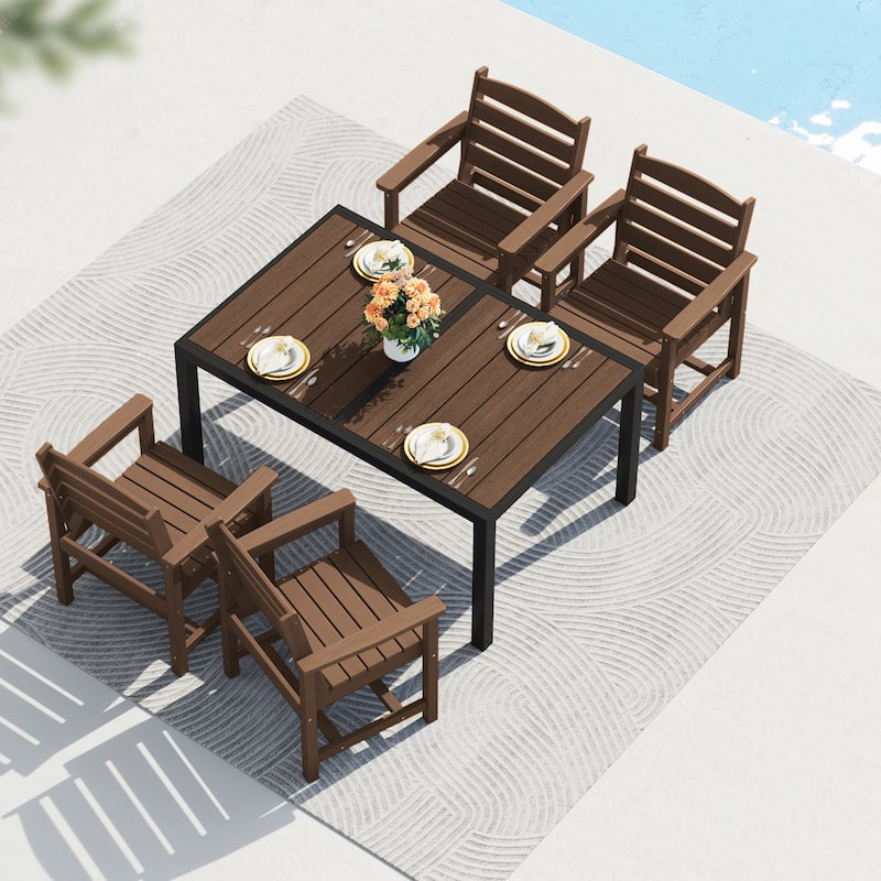 5-Piece HDPE Outdoor Extendable Dining Set with 4 Chairs – All-Weather Patio Furniture - N/A - Brown