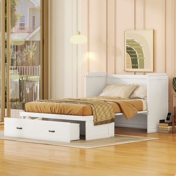 Full Queen Size Murphy Bed with USB Port Solid Wood Murphy Bed