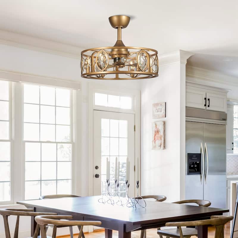 22" Modern Crystal Caged Ceiling Fan Chandelier with Remote