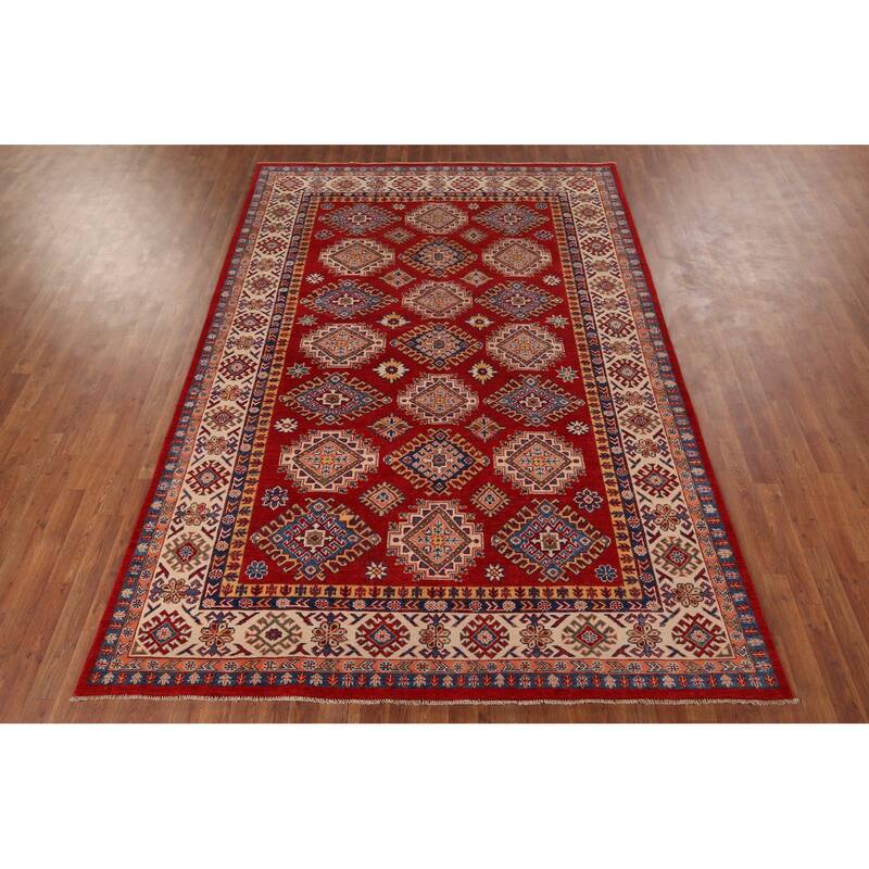 Hand Knotted Oriental 100% Wool Carpet Traditional Geometric Red Kazak Area Rug - 9' 6'' X 6' 7''