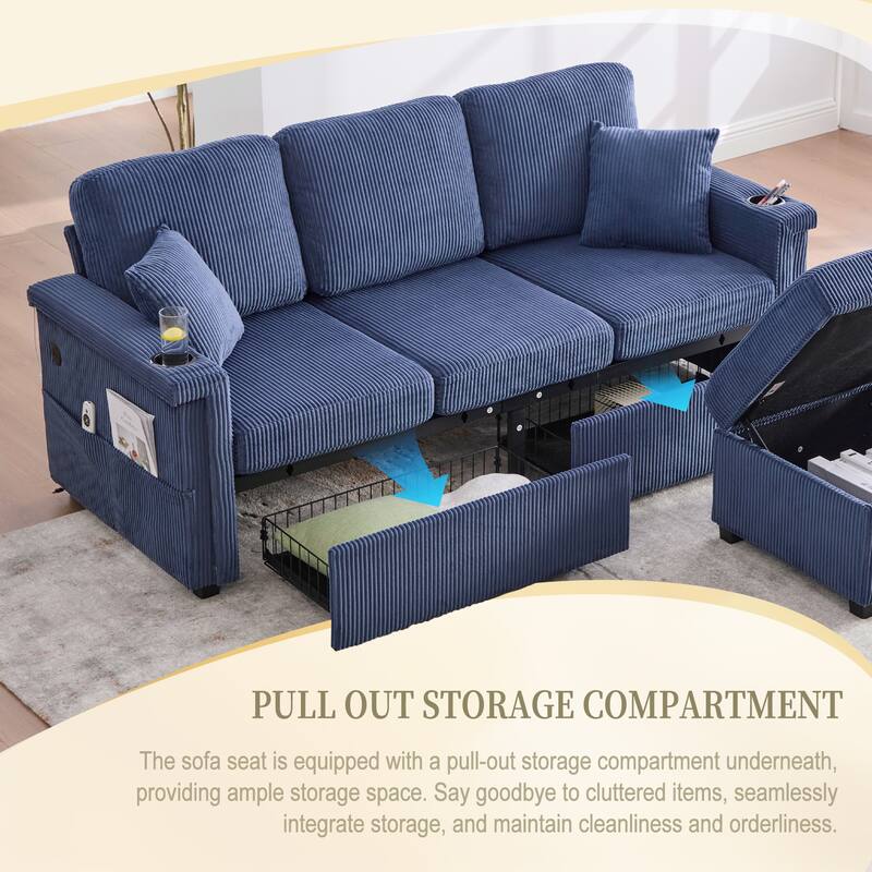 HOMEFUN Corduroy Upholstered L-shaped Pull-Out Storage Sectional Sofa with Storage Ottoman,USB Charging,Cup Holder